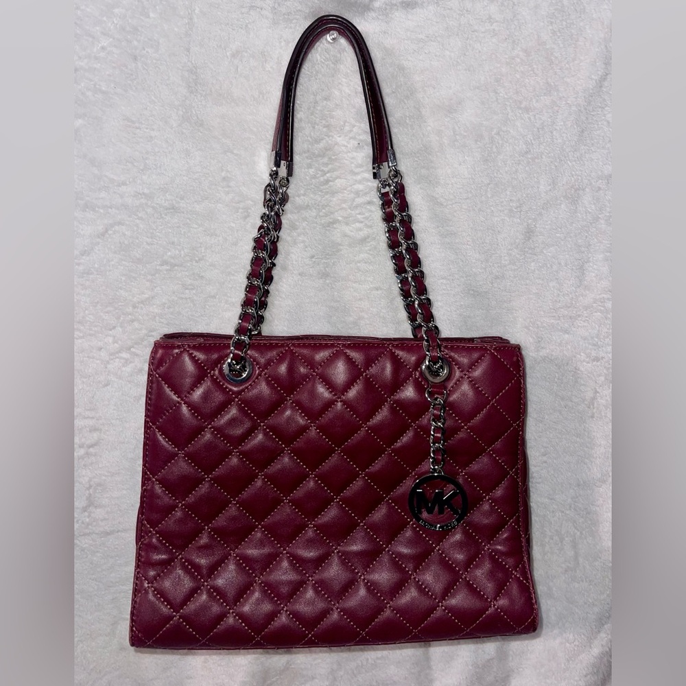 EUC Michael Kors Soft Quilted Tote in Wine w/ Silver Chain & Accents Clean!